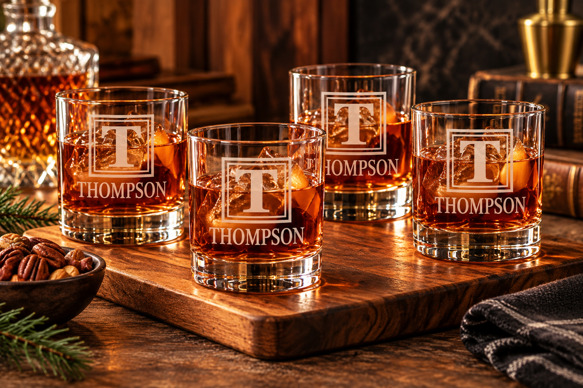 Personalized Engraved Whiskey Glasses – Set of 4 (10.5 oz Each)