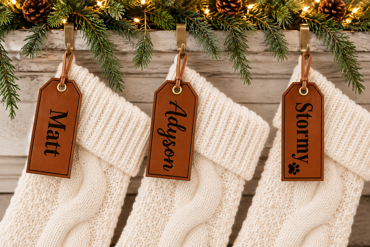 Personalized Leatherette Christmas Stocking Tags – Custom Engraved Names